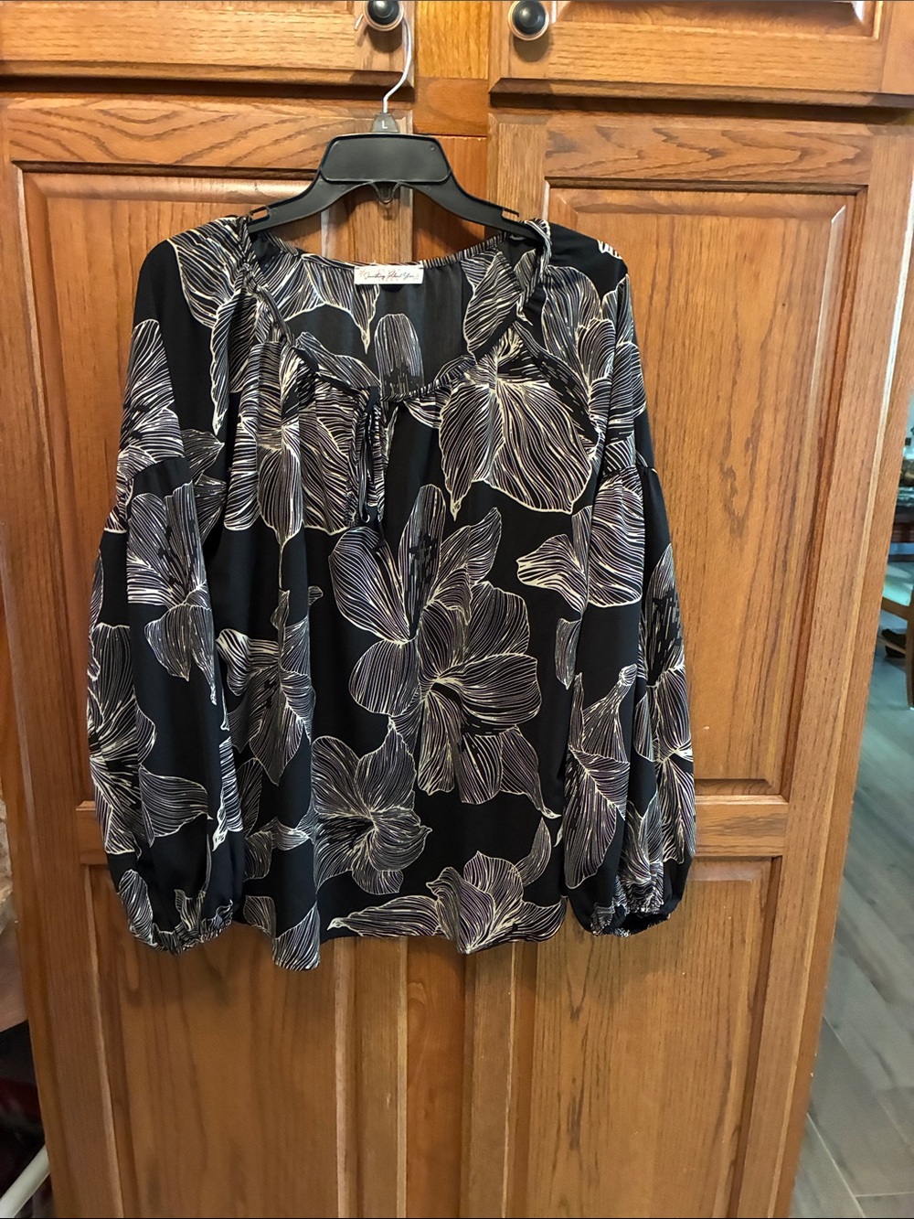Black Floral Drawstring Neck Blouse - Women Tops size XL